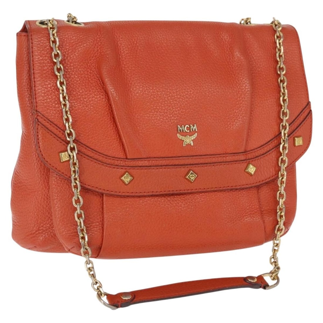 MCM Orange Gold Leather Shoulder Bag Studded Chain: MCM Orange Gold Leather Shoulder Bag Studded Chain This MCM shoulder bag features an orange and gold leather exterior with studded chain detailing. Designed for women, it has a structured silhouette a
