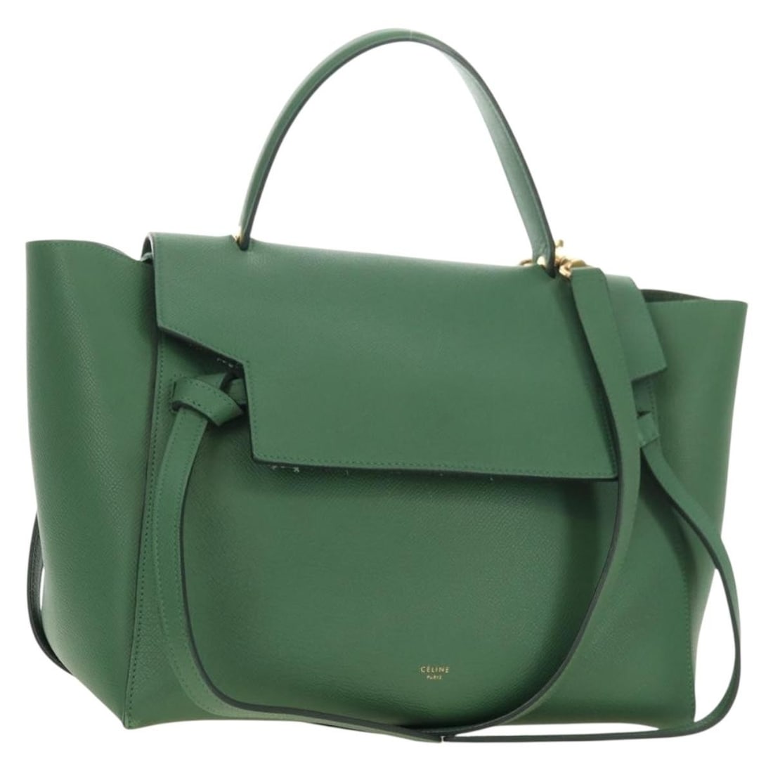 CELINE Mini Belt 2way Leather Handbag Green with Strap: CELINE Mini Belt 2way Leather Handbag Green with Strap CELINE Mini Belt Hand Bag in leather with a green and gold color combination. This women's handbag is a 2-way style and comes with a dust bag and