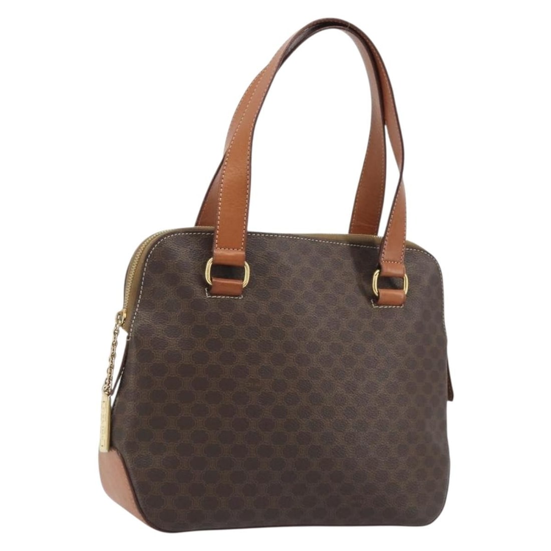 CELINE Macadam Canvas PVC Leather Handbag Brown Gold Tone: CELINE Macadam Canvas PVC Leather Handbag Brown Gold Tone CELINE Macadam Canvas hand bag in brown and gold, made in Italy from PVC leather and Macadam canvas. It measures approximately 25 cm W x 23 cm