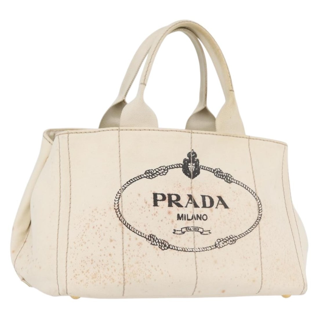 Prada Canapa MM white gold canvas handbag: Prada Canapa MM white gold canvas handbag This PRADA Canapa MM hand bag features a stylish white and gold canvas exterior with gold-tone accents. Made in Turkey, the bag is designed for women and offe
