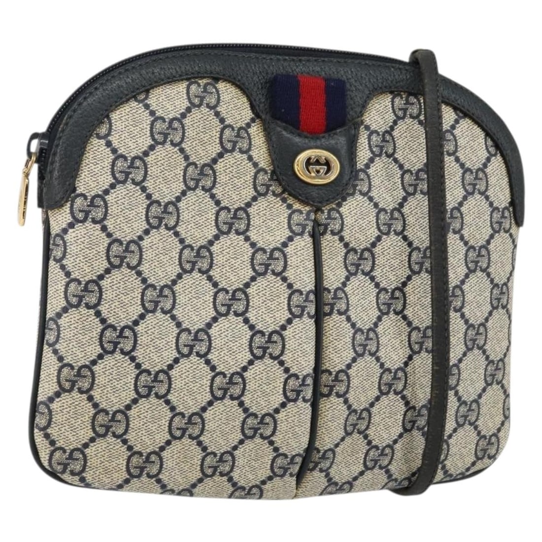 GUCCI GG Supreme Sherry Line Shoulder Bag PVC Navy Gold 89 02 047 Auth: GUCCI GG Supreme Sherry Line Shoulder Bag PVC Navy Gold 89 02 047 Auth Introducing the GUCCI GG Supreme Sherry Line Shoulder Bag, a stylish accessory expertly crafted in Italy. This bag features a str