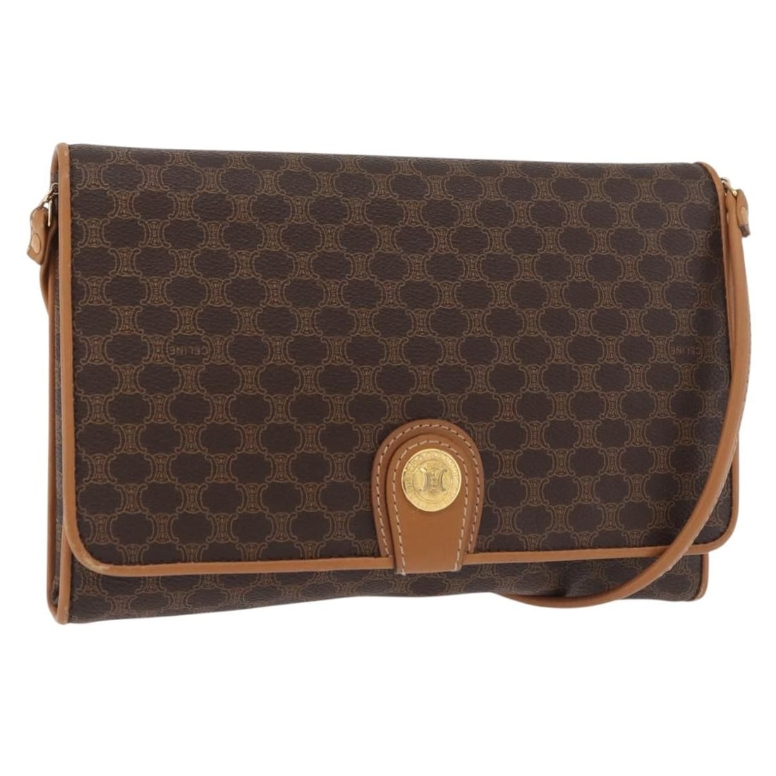 CELINE Macadam Shoulder Bag Brown PVC Leather Gold Tone: CELINE Macadam Shoulder Bag Brown PVC Leather Gold Tone Celine shoulder bag in brown Macadam canvas with PVC leather trim and gold-tone accents. Made in Italy, this women's bag includes the item only;