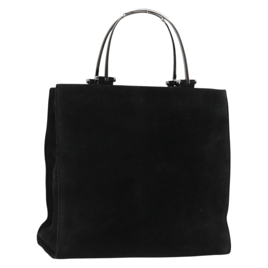 Gucci 002 1025 Black Suede Handbag Silver Tone Italy: Gucci 002 1025 Black Suede Handbag Silver Tone Italy Gucci hand bag in black suede with silver-tone metal fittings. Made in Italy, this bag measures approximately W29 cm x H28 cm x D12 cm, with a hand