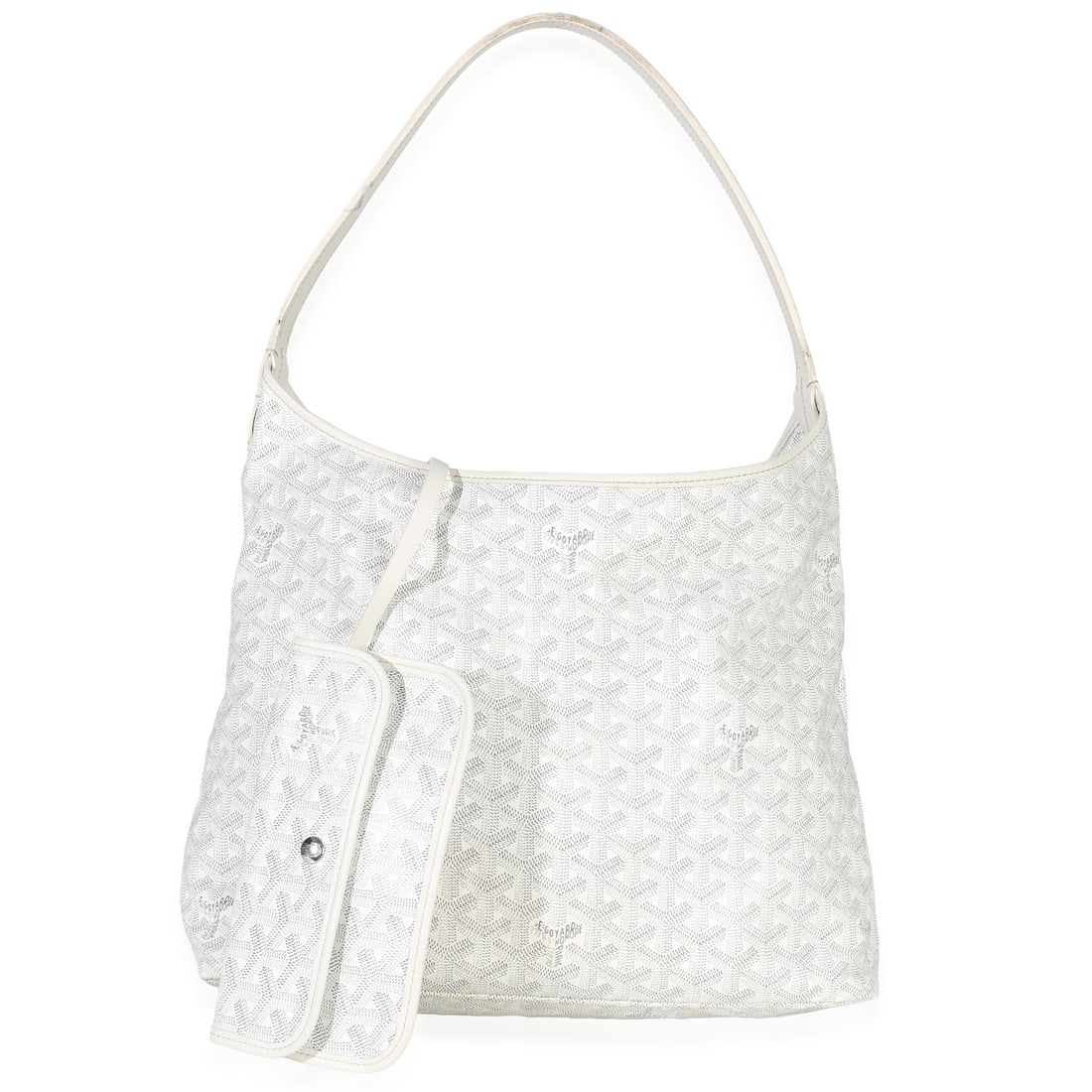 Goyard Boheme Hobo White Canvas Zip Top Handbag with Dustbag Pochette: Goyard Boheme Hobo White Canvas Zip Top Handbag with Dustbag Pochette This Goyard White Goyardine Canvas Boheme Hobo is a pre-owned unisex handbag crafted from white canvas with a beige canvas lining.