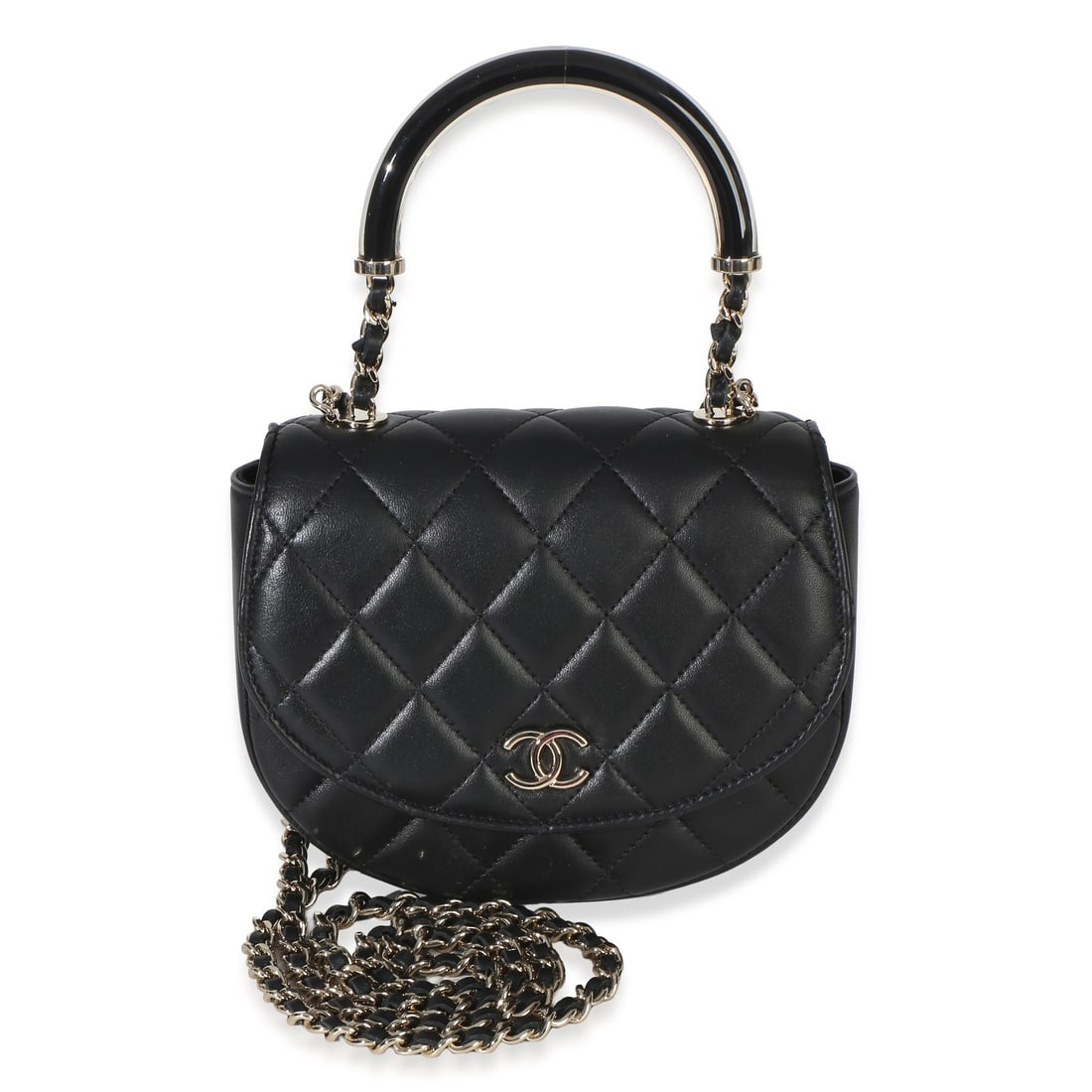 Chanel Mini Black Quilted Lambskin Half Moon Top Handle Bag: Chanel Mini Black Quilted Lambskin Half Moon Top Handle Bag This Chanel Black Quilted Lambskin CC Half Moon Top Handle Flap is a mini shoulder bag crafted from luxurious black leather with a quilted d