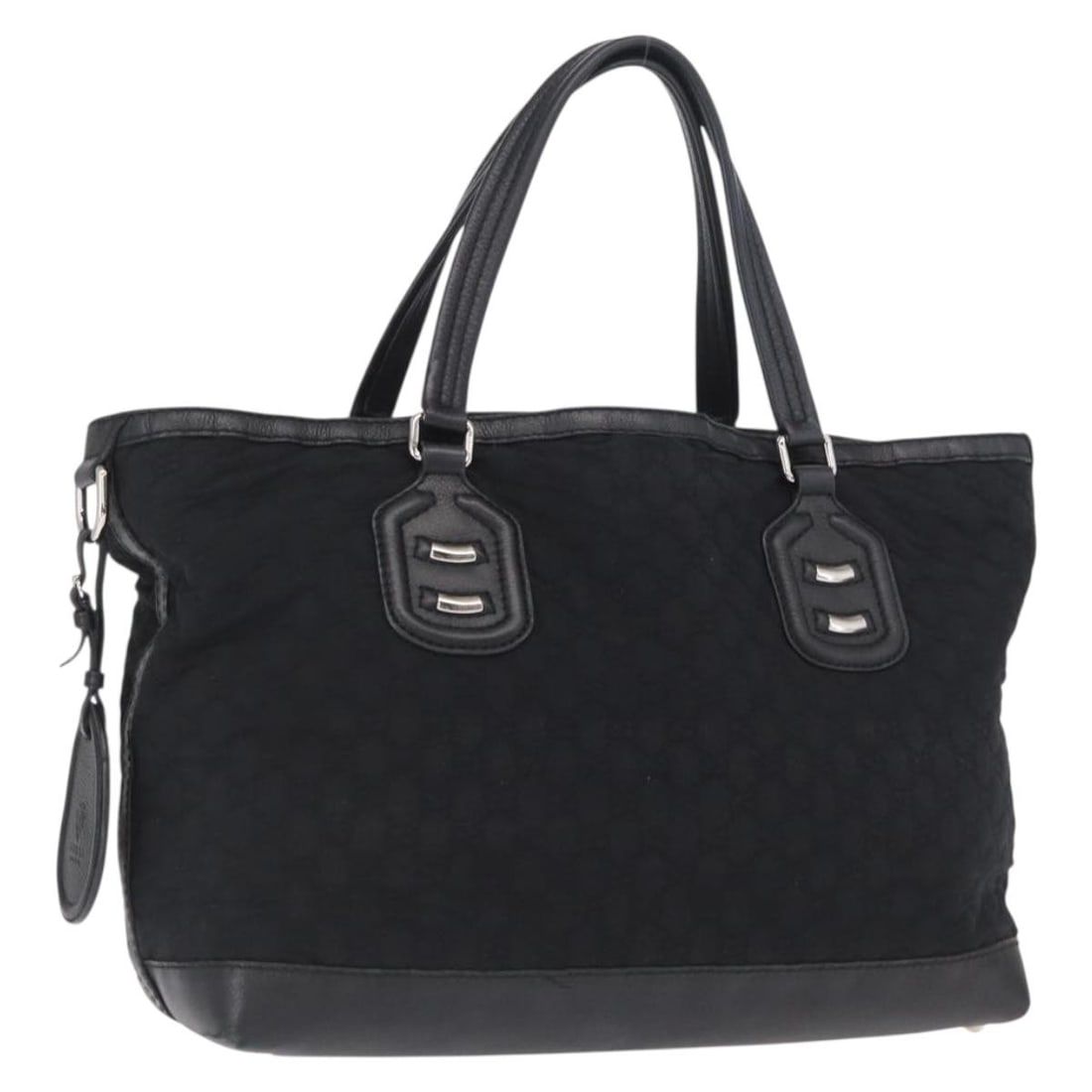 Gucci 241102 Black Nylon Tote Bag with Dust Bag Name Tag: Gucci 241102 Black Nylon Tote Bag with Dust Bag Name Tag Black and silver Gucci tote bag in nylon, made in Italy. It comes with a dust bag and name tag. The bag shows heavy use, with visible rubbing, 