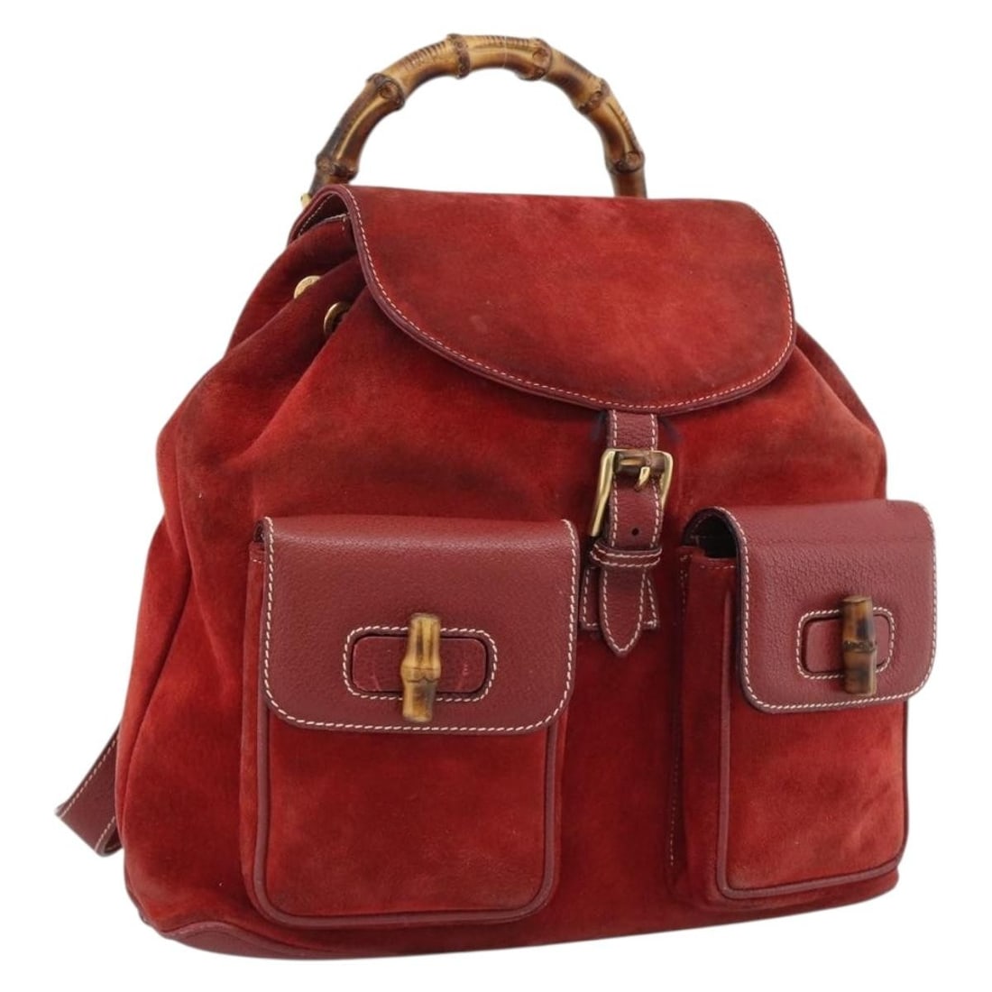Gucci Bamboo Suede Backpack Red Gold Tone Italy 003 2058 0016: Gucci Bamboo Suede Backpack Red Gold Tone Italy 003 2058 0016 Suede backpack in red with gold-tone details, made in Italy. The item is described as heavily used and shows wear consistent with its cond