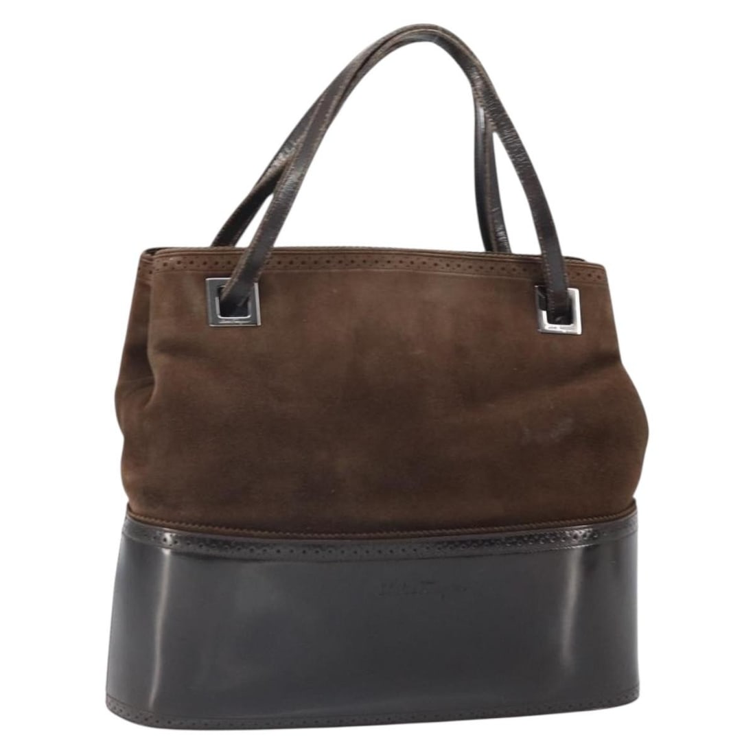 Brown Suede Salvatore Ferragamo Handbag with Silver Accents Italy: Brown Suede Salvatore Ferragamo Handbag with Silver Accents Italy This Salvatore Ferragamo hand bag is crafted from brown suede with silver-tone accents. Made in Italy, it features a top handle design