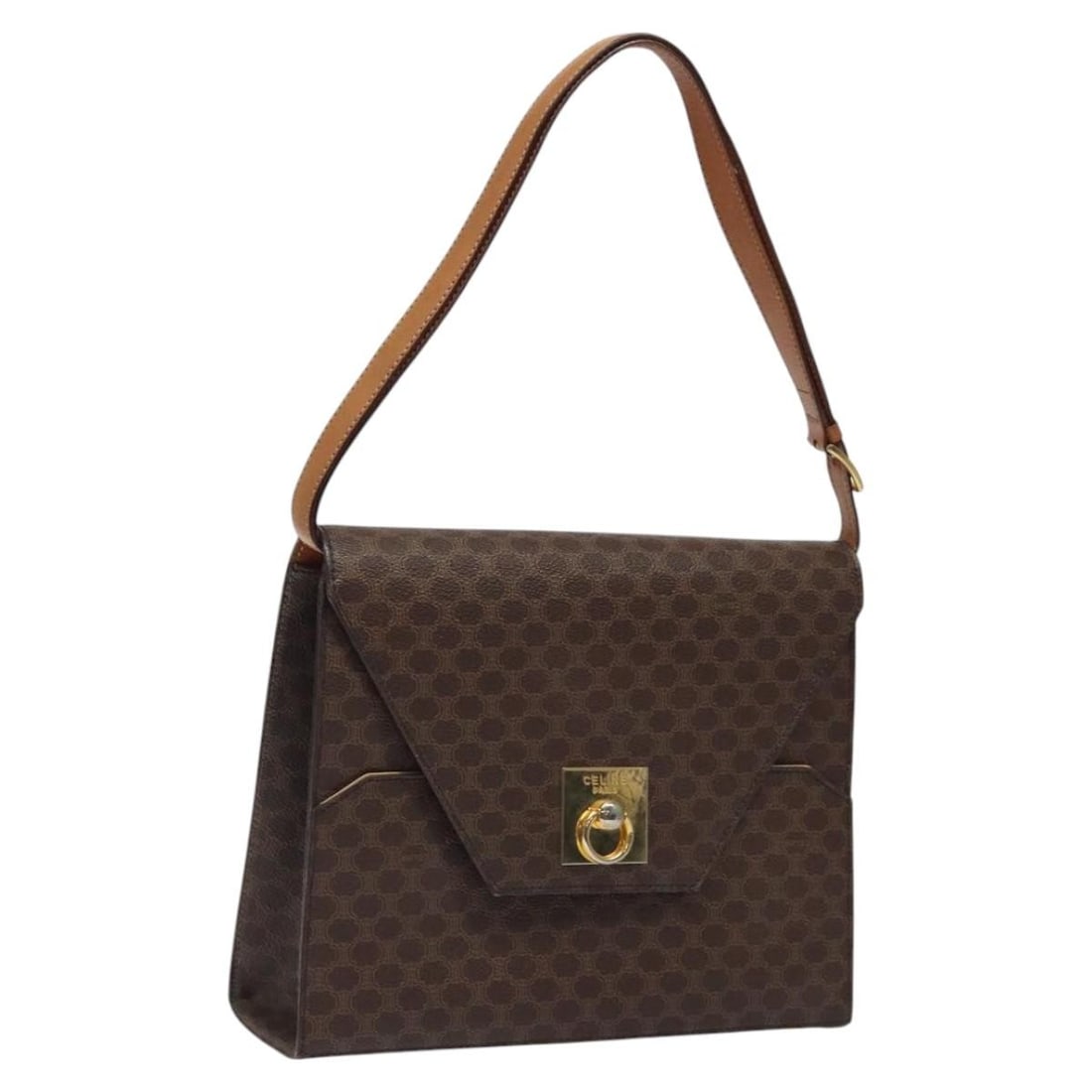 Celine Macadam Shoulder Bag in Brown PVC Leather and Canvas Gold Detail: Celine Macadam Shoulder Bag in Brown PVC Leather and Canvas Gold Detail This CELINE shoulder bag features the iconic Macadam canvas pattern combined with brown and gold-tone PVC leather. Designed for 