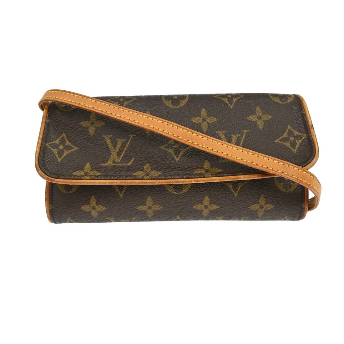 Louis Vuitton Pochette Twin PM Monogram Shoulder Bag M51854: Louis Vuitton Pochette Twin PM Monogram Shoulder Bag M51854 Vintage Louis Vuitton Pochette Twin PM shoulder bag in brown Monogram canvas with leather trim and a beige Alcantara lining. This small bag 