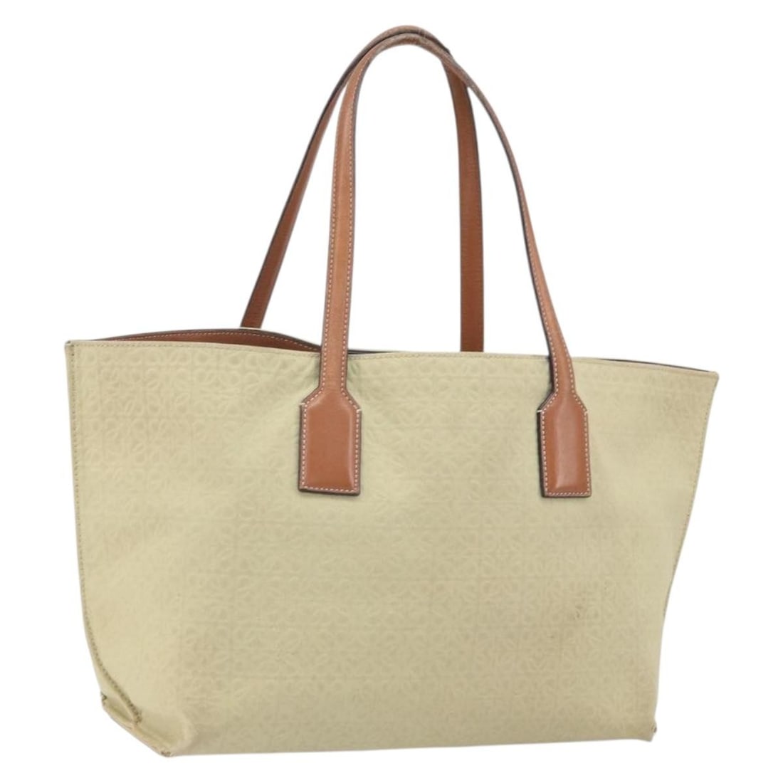 Loewe Beige Canvas Anagram Tote Bag Made in Spain: Loewe Beige Canvas Anagram Tote Bag Made in Spain This LOEWE Anagram tote bag features a beige canvas exterior and is crafted in Spain. The bag shows significant signs of use, including loss of shape,