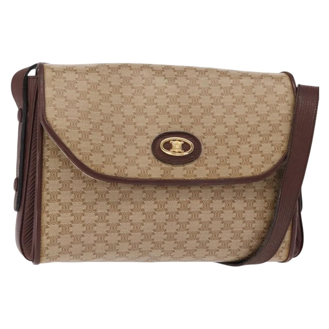 CELINE Macadam Shoulder Bag Beige Gold PVC Leather Canvas: CELINE Macadam Shoulder Bag Beige Gold PVC Leather Canvas A CELINE shoulder bag in beige and gold, crafted from PVC leather and Macadam canvas. It features a shoulder strap with an approximate drop of