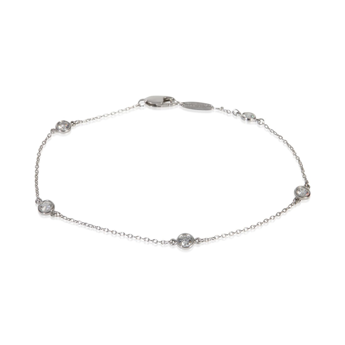 Tiffany Elsa Peretti platinum diamond bracelet with box papers: Tiffany Elsa Peretti platinum diamond bracelet with box papers This Tiffany & Co. Elsa Peretti Diamond By The Yard bracelet features round brilliant diamonds set in platinum. The bracelet is 7.5 inche