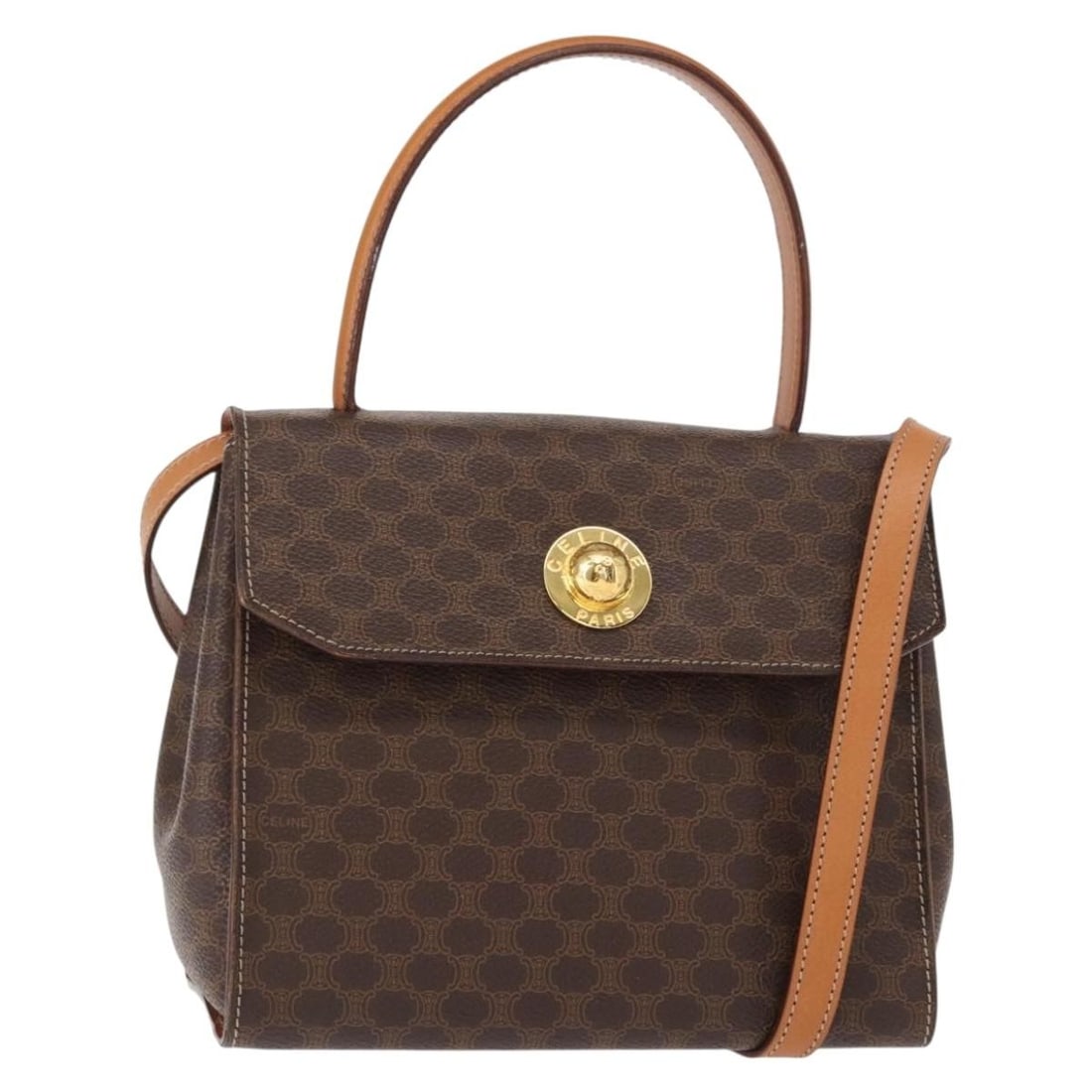 CELINE Macadam Canvas 2way Hand Bag Brown Gold PVC Leather Auth 153821: CELINE Macadam Canvas 2way Hand Bag Brown Gold PVC Leather Auth 153821 This authentic CELINE Macadam Canvas Hand Bag is a stylish accessory, crafted in Italy with a combination of PVC leather and Maca