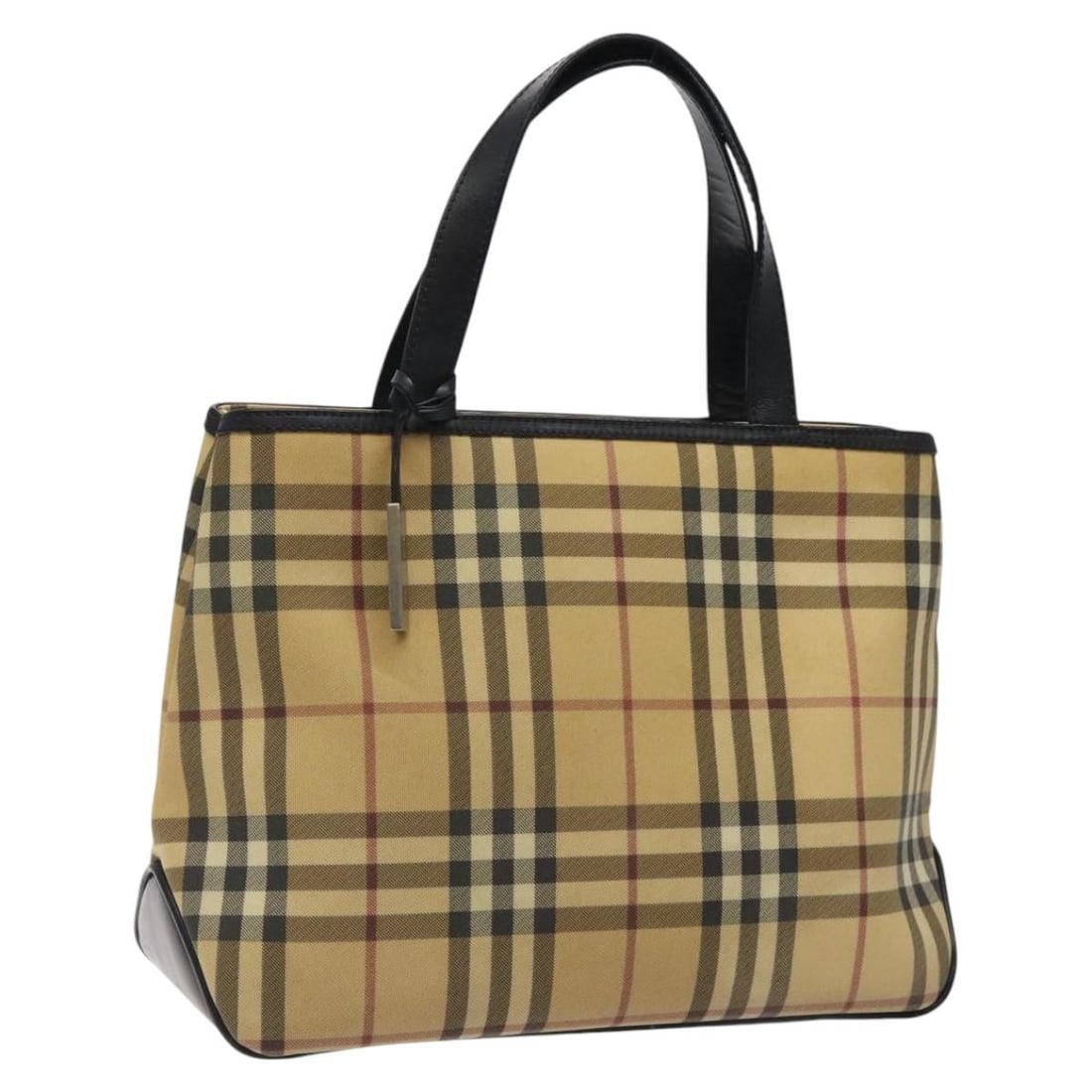 Beige Silver PVC Nova Check Handbag by Burberry: Beige Silver PVC Nova Check Handbag by Burberry This Burberry Nova Check handbag features a beige and silver exterior crafted from PVC leather. Designed for women, it offers a classic hand bag style a
