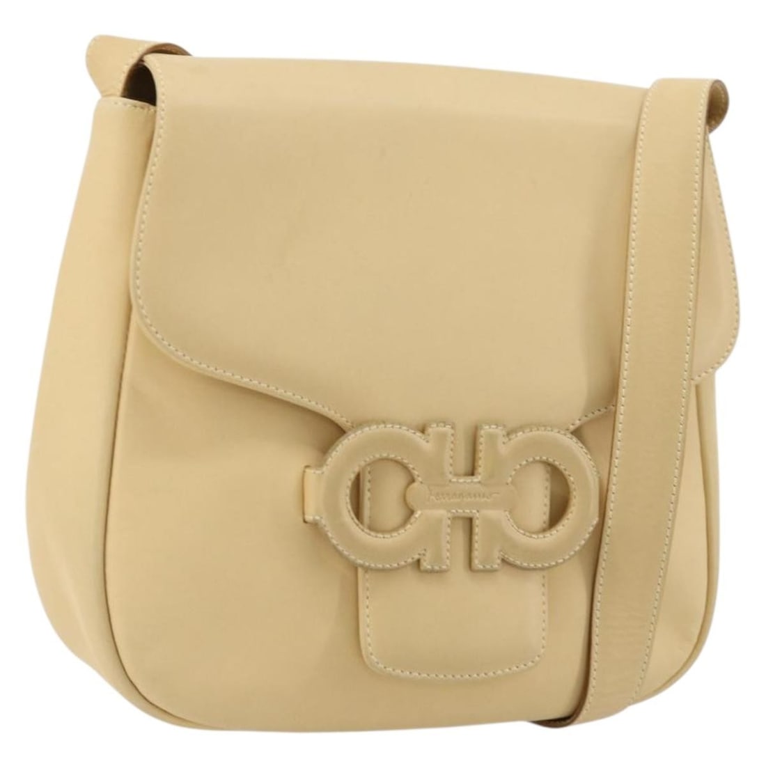 Salvatore Ferragamo Ivory Silver Leather Gancini Shoulder Bag: Salvatore Ferragamo Ivory Silver Leather Gancini Shoulder Bag This Salvatore Ferragamo Gancini shoulder bag is crafted from ivory leather with silver-tone accents. Designed for women, it features a st