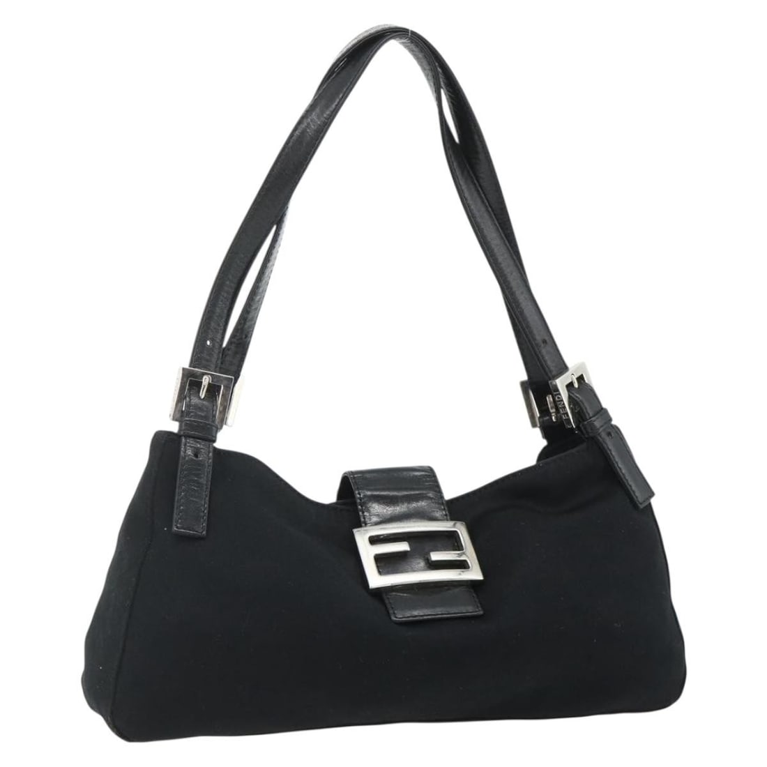 Fendi Mamma Baguette Black Nylon Shoulder Bag Silver Tone: Fendi Mamma Baguette Black Nylon Shoulder Bag Silver Tone Fendi Mamma Baguette shoulder bag in black and silver nylon, made in Italy. This pre-owned bag features a shoulder strap with an approximate d