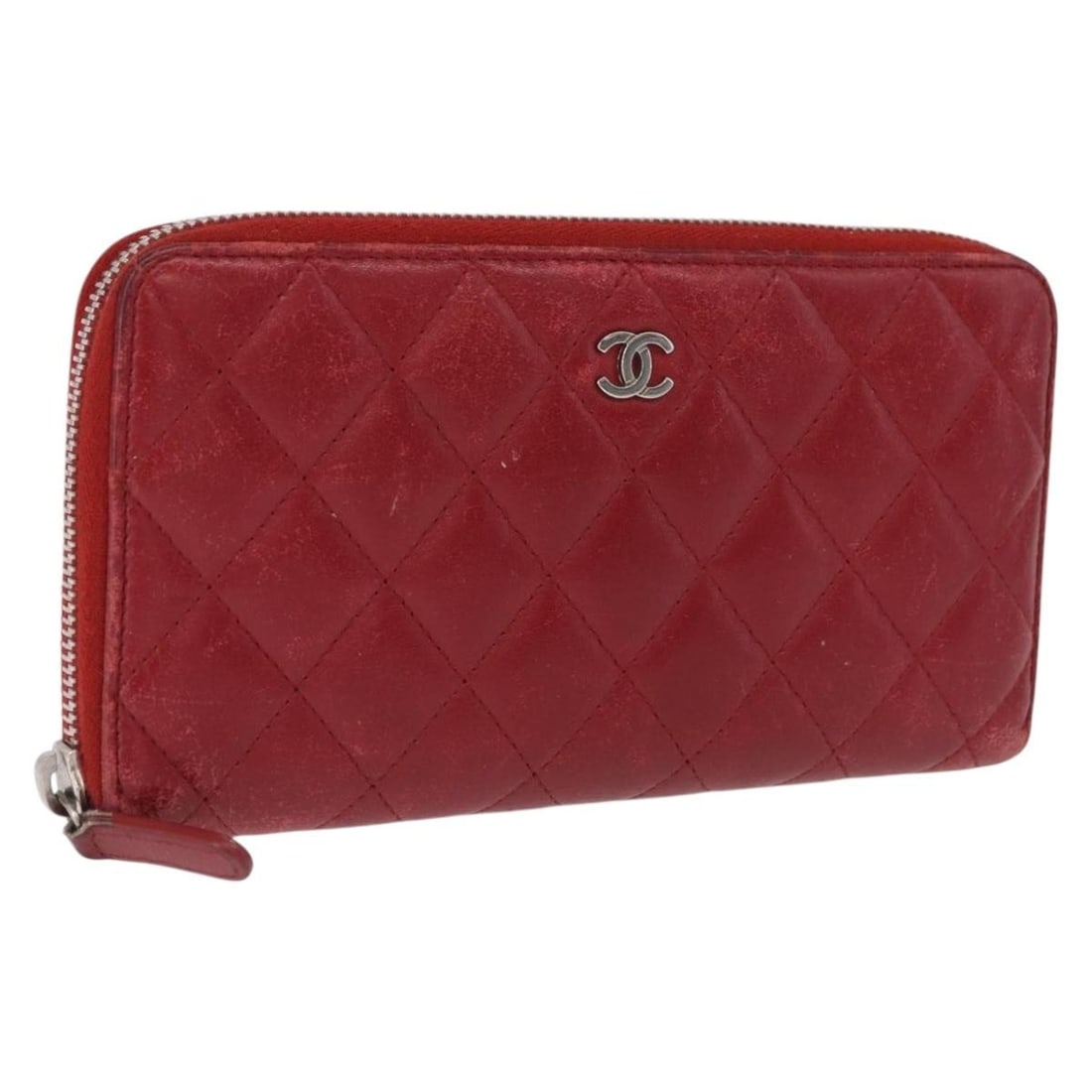 CHANEL Matelasse Lamb Skin Long Wallet Red Silver CC: CHANEL Matelasse Lamb Skin Long Wallet Red Silver CC A CHANEL Matelasse long wallet in red lamb skin with silver-tone CC hardware. Made in Italy, this wallet measures approximately W20 cm x H10 cm x D