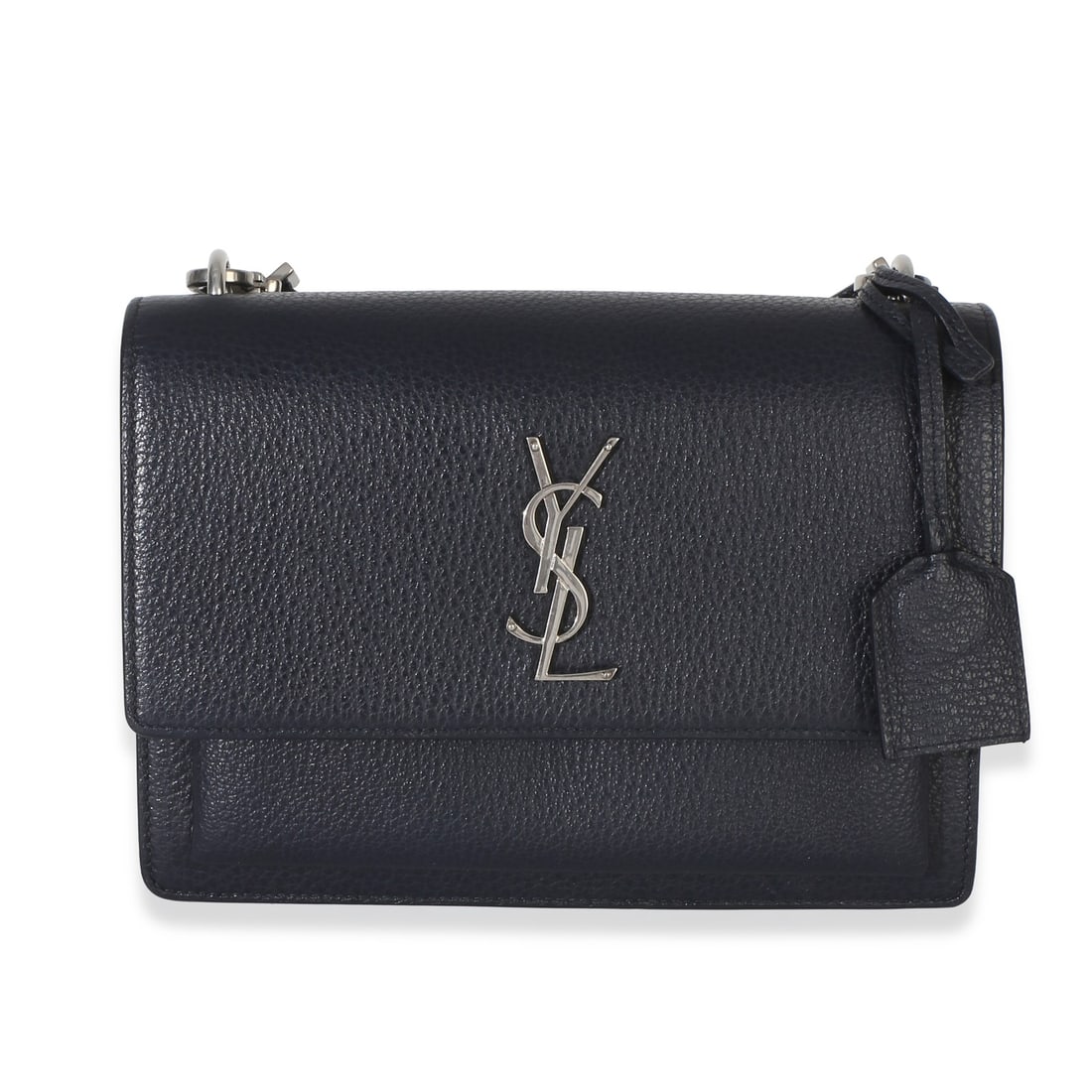 Saint Laurent Sunset Bag Medium Blue Grained Leather Shoulder Bag: Saint Laurent Sunset Bag Medium Blue Grained Leather Shoulder Bag Saint Laurent Sunset shoulder bag in navy grained calfskin with the Monogram design. This pre-owned bag features a magnetic snap closu