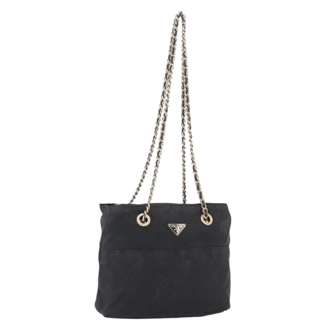 PRADA Nylon Shoulder Bag with Chain Strap Black Gold: PRADA Nylon Shoulder Bag with Chain Strap Black Gold Prada chain shoulder bag in black nylon with gold-tone accents. This women's shoulder bag is made in Italy and features a compact profile with a ch