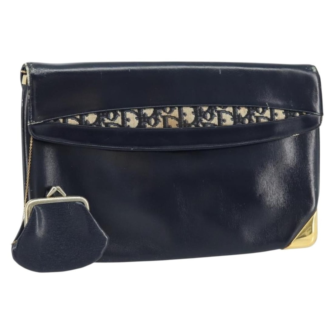 Christian Dior Trotter Canvas Navy Silver Clutch Bag with Pouch: Christian Dior Trotter Canvas Navy Silver Clutch Bag with Pouch This Christian Dior Trotter Canvas clutch bag features a navy and silver color scheme with leather and canvas materials. The bag is desi