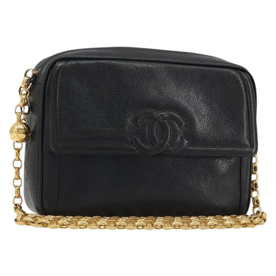 CHANEL Caviar Skin Shoulder Bag Black with Gold CC Chain: CHANEL Caviar Skin Shoulder Bag Black with Gold CC Chain CHANEL shoulder bag crafted in black caviar skin with gold-tone exterior details. This women's bag is made in Italy and features a shoulder str