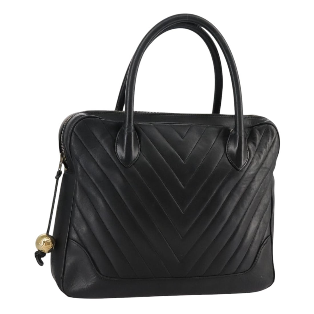 CHANEL V Stitch Black Leather Hand Bag with Guarantee Card: CHANEL V Stitch Black Leather Hand Bag with Guarantee Card Black leather hand bag by CHANEL, made in Italy, with a V stitch design. It comes with a guarantee card and is described as heavily used, wit