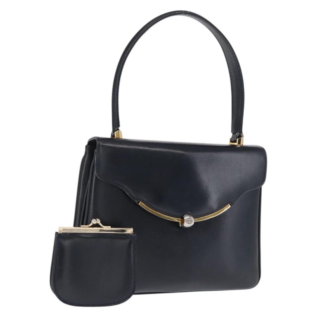 Navy Leather Gucci 000 056 0017 Handbag with Gold Accents: Navy Leather Gucci 000 056 0017 Handbag with Gold Accents This GUCCI hand bag features navy leather with gold-tone accents and is made in Italy. The bag includes a handle with a drop of approximately 