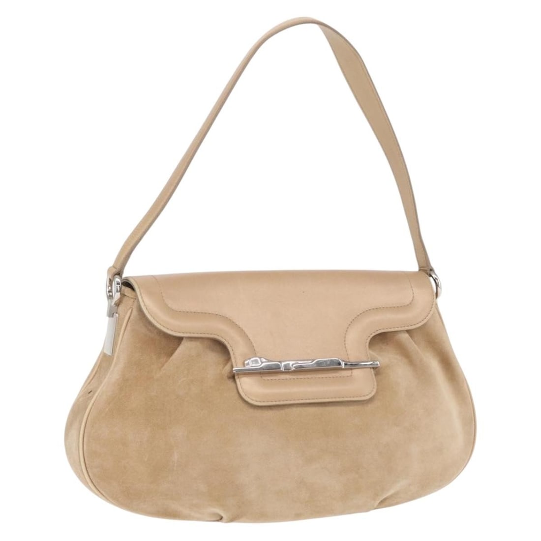 Cartier beige suede shoulder bag Italy silver trim: Cartier beige suede shoulder bag Italy silver trim This Cartier shoulder bag is crafted from beige suede with silver-tone accents, offering a sophisticated and classic look. Designed for women, it fea