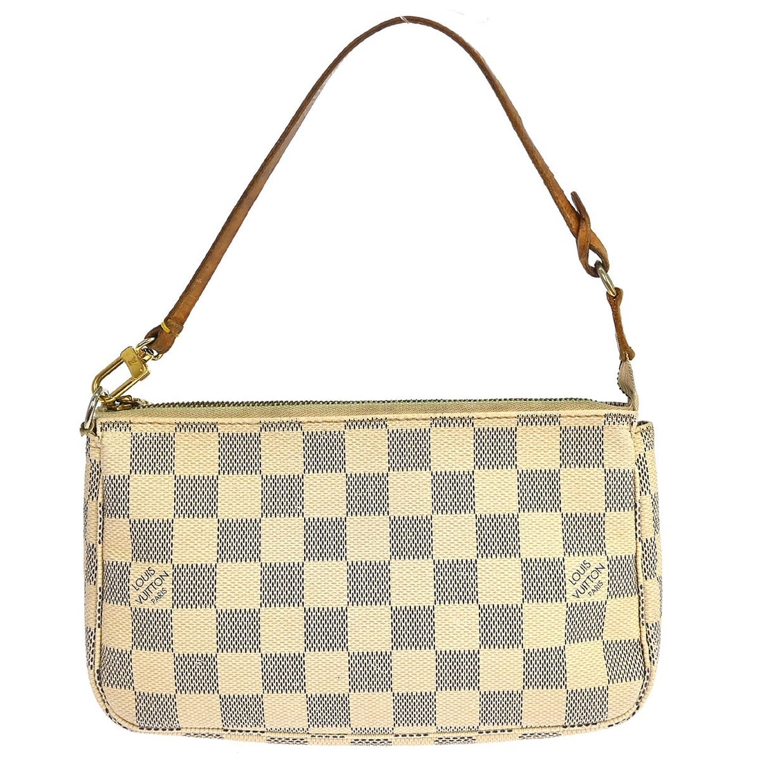 Louis Vuitton Pochette Accessoires Damier Azur Mini Pouch N51986: Louis Vuitton Pochette Accessoires Damier Azur Mini Pouch N51986 Louis Vuitton Damier Azur Pochette Accessoires handbag in mini size, styled as a pouch with a top handle and zip closure. It is made fr