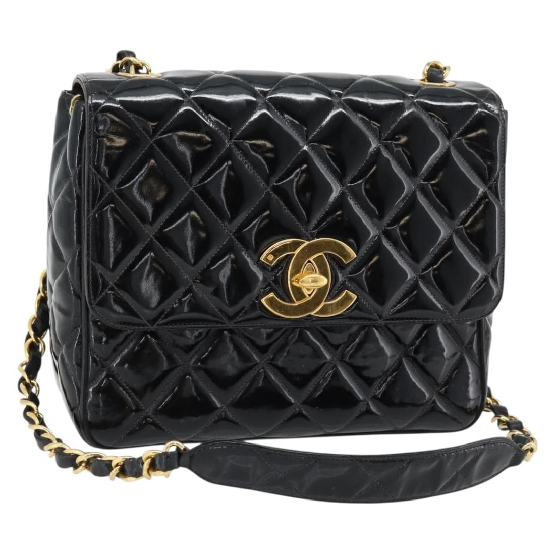 CHANEL CC Patent Leather Shoulder Bag Black Gold Matelasse: CHANEL CC Patent Leather Shoulder Bag Black Gold Matelasse CHANEL Matelasse chain shoulder bag in black patent leather with gold-tone details. Made in France, this women's shoulder bag features a clas