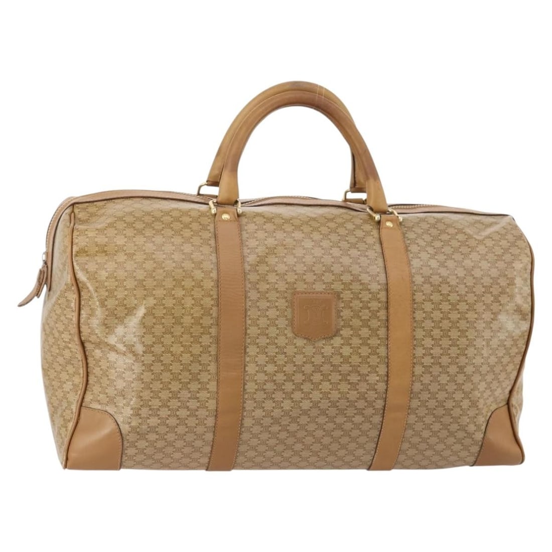 CELINE Boston Bag Macadam Canvas and PVC Leather Beige Gold: CELINE Boston Bag Macadam Canvas and PVC Leather Beige Gold CELINE Macadam Canvas Boston Bag in beige and gold, made in Italy from PVC leather and Macadam canvas. This women's Boston bag has a structu