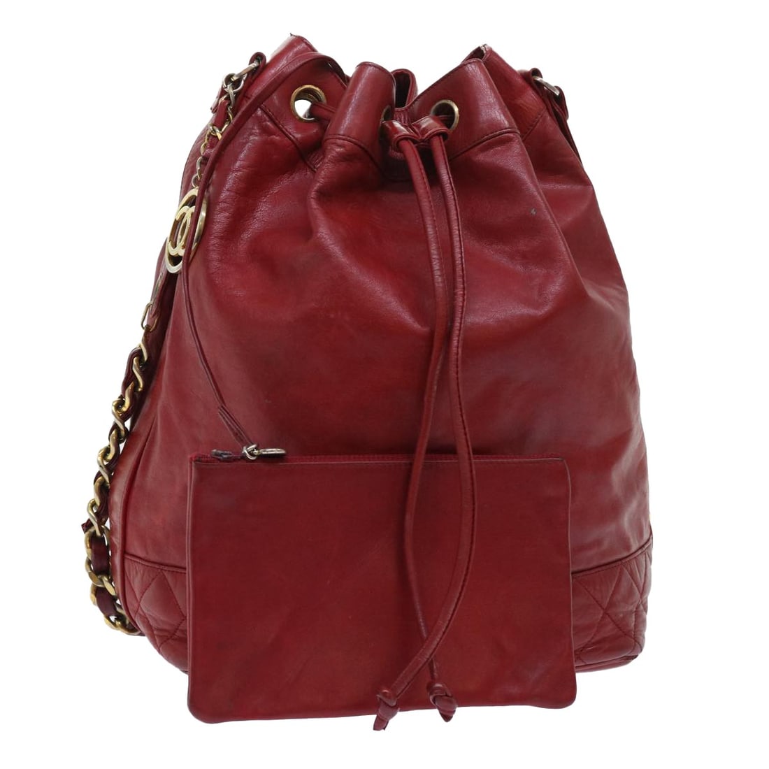 CHANEL Red Lamb Skin Shoulder Bag with Chain Strap and Pouch: CHANEL Red Lamb Skin Shoulder Bag with Chain Strap and Pouch Red CHANEL shoulder bag made from lamb skin, with a pouch accessory. It is made in Italy and measures approximately W25 x H31 x D18 cm, wit