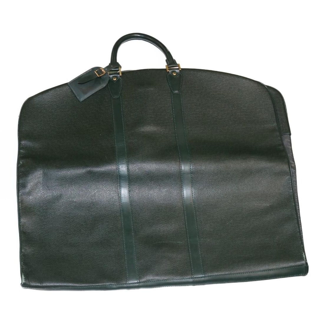 Louis Vuitton M30134 Taiga Leather Garment Cover Green France: Louis Vuitton M30134 Taiga Leather Garment Cover Green France Louis Vuitton garment cover in green Taiga leather, made in France. It includes a name tag and two hangers. The item measures approximatel