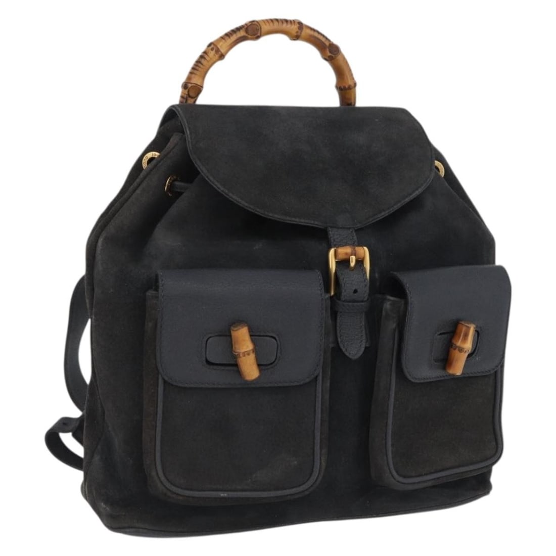 Gucci Bamboo Black Gold Leather Backpack Italy 003 2058 0016: Gucci Bamboo Black Gold Leather Backpack Italy 003 2058 0016 This GUCCI Bamboo Backpack is crafted from black suede leather with gold-tone accents. It features a structured silhouette with bamboo deta