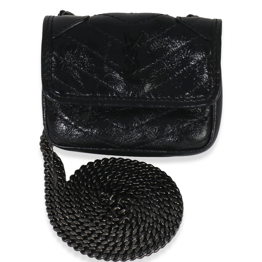 Saint Laurent Micro Niki Airpods Chain Case Black Leather: Saint Laurent Micro Niki Airpods Chain Case Black Leather This is a pre-owned Saint Laurent Micro Niki Airpods chain case, crafted from black crinkled calfskin leather with a matelasse finish. The cas