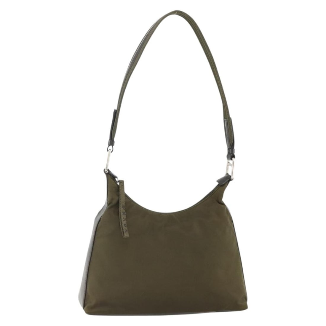 Prada Nylon Khaki Silver Shoulder Bag Italy: Prada Nylon Khaki Silver Shoulder Bag Italy This PRADA shoulder bag is crafted from durable nylon in khaki with silver accents. Designed for women, it features a spacious main compartment and a comfor