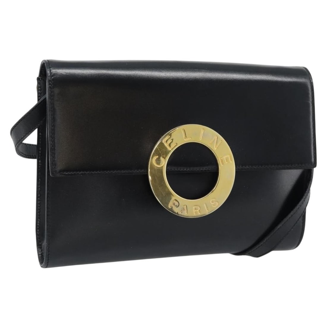 Celine Circle Leather Shoulder Bag Black Gold Tone Italy: Celine Circle Leather Shoulder Bag Black Gold Tone Italy Celine shoulder bag in black leather with gold-tone hardware, made in Italy. The bag measures approximately W25 cm x H18 cm x D4 cm, with a sho