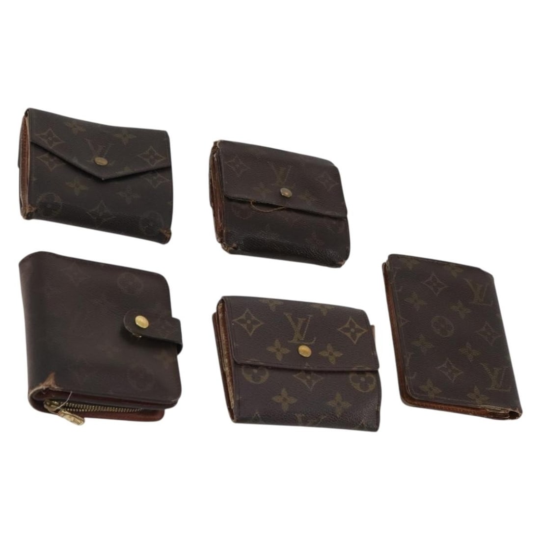 Set of 5 Louis Vuitton Monogram Canvas Wallets France: Set of 5 Louis Vuitton Monogram Canvas Wallets France Set of 5 Louis Vuitton monogram wallets in heavily used condition. Made in France from monogram canvas, this bundle shows significant overall wear