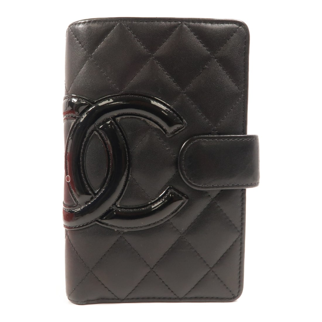 Chanel Cambon calfskin wallet black with CC and silver tone hardware: Chanel Cambon calfskin wallet black with CC and silver tone hardware A CHANEL Cambon wallet in black calfskin leather with silver-tone hardware. It features a hook button closure, four open pockets, 1