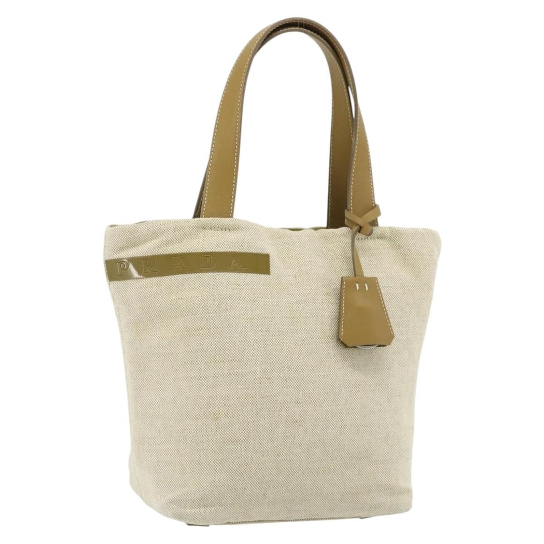 Prada Beige Silver Canvas Clochette Handbag Italy: Prada Beige Silver Canvas Clochette Handbag Italy This PRADA Sports Line hand bag is crafted from canvas in a beige and silver color combination. Designed for women, the bag features a structured silh