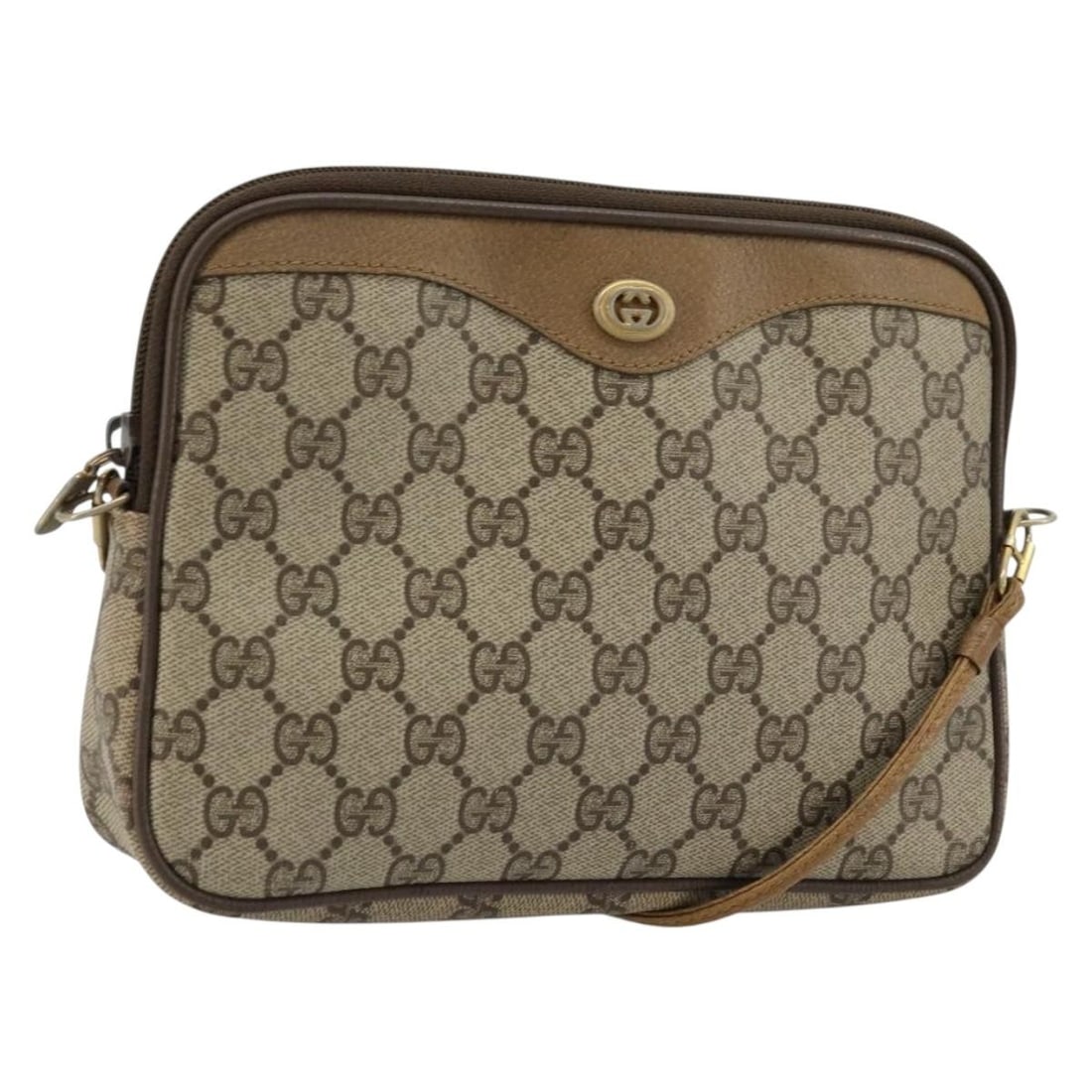 Gucci Beige Gold GG Canvas Shoulder Bag 97 02 068: Gucci Beige Gold GG Canvas Shoulder Bag 97 02 068 This is a Gucci GG Supreme shoulder bag crafted from GG canvas in beige and gold tones. The bag measures approximately 23 cm in width, 16 cm in height