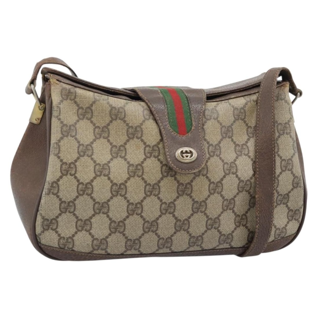 Gucci 116 02 076 GG Supreme Web Shoulder Bag Beige PVC Leather: Gucci 116 02 076 GG Supreme Web Shoulder Bag Beige PVC Leather Gucci GG Supreme Web Sherry Line shoulder bag in beige and gold PVC leather with GG canvas. This women's bag is made in Italy and feature