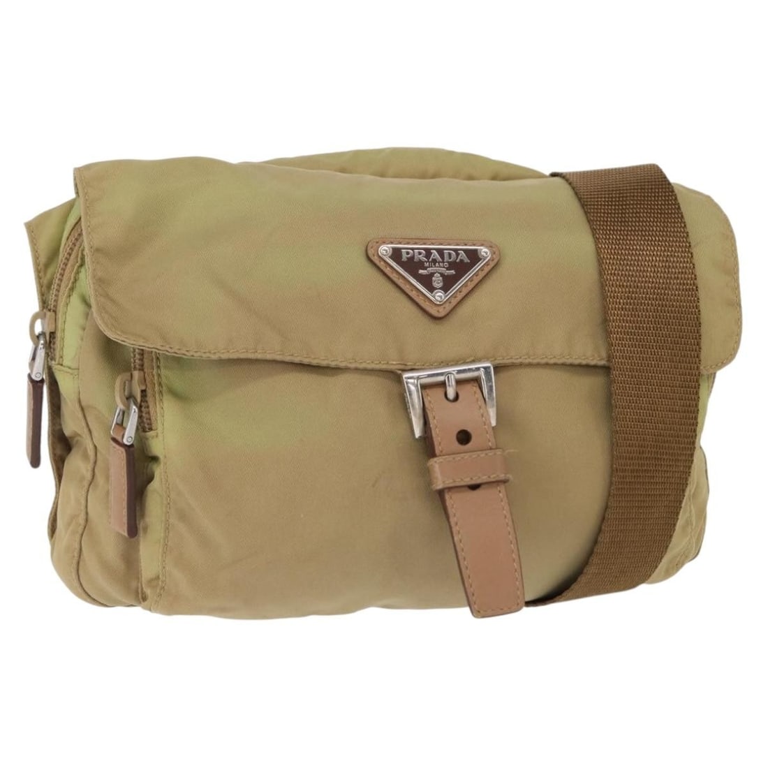 PRADA Beige Silver Nylon Shoulder Bag Auth Italy: PRADA Beige Silver Nylon Shoulder Bag Auth Italy This PRADA shoulder bag is crafted from durable nylon in a stylish beige and silver color combination. With a height of approximately 6.7 inches and a 
