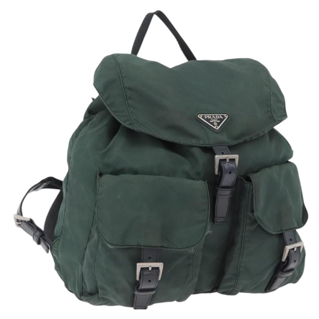 PRADA Green Nylon Backpack Silver Tone Made in Italy: PRADA Green Nylon Backpack Silver Tone Made in Italy PRADA women's backpack in green and silver nylon, made in Italy. The bag measures approximately 28 cm W x 19 cm H x 15 cm D (11.0 x 7.5 x 5.9 in). 