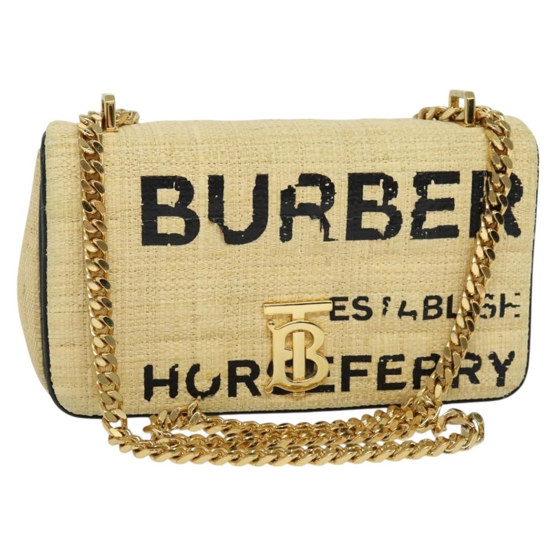 Burberry Horse Ferry Shoulder Bag Beige Gold Tone Chain Strap: Burberry Horse Ferry Shoulder Bag Beige Gold Tone Chain Strap Burberry Horse Ferry Chain Shoulder Bag in beige and gold, made in Italy. The bag is constructed of wood and features a shoulder strap wit