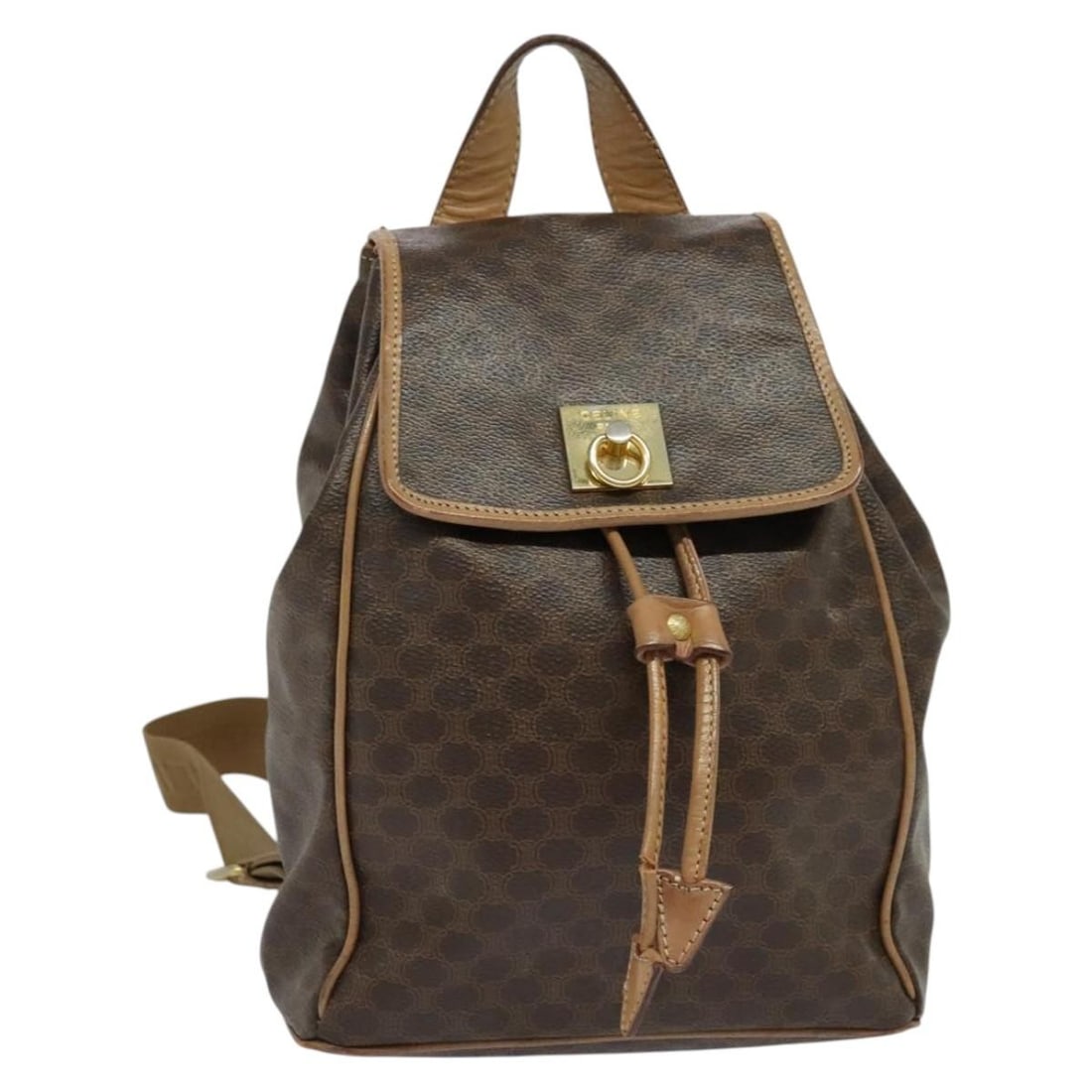 CELINE Macadam Canvas Brown Gold Backpack PVC Leather Made in Italy: CELINE Macadam Canvas Brown Gold Backpack PVC Leather Made in Italy This CELINE Macadam Canvas Backpack combines style and functionality. Crafted from durable PVC leather with a striking brown and gol