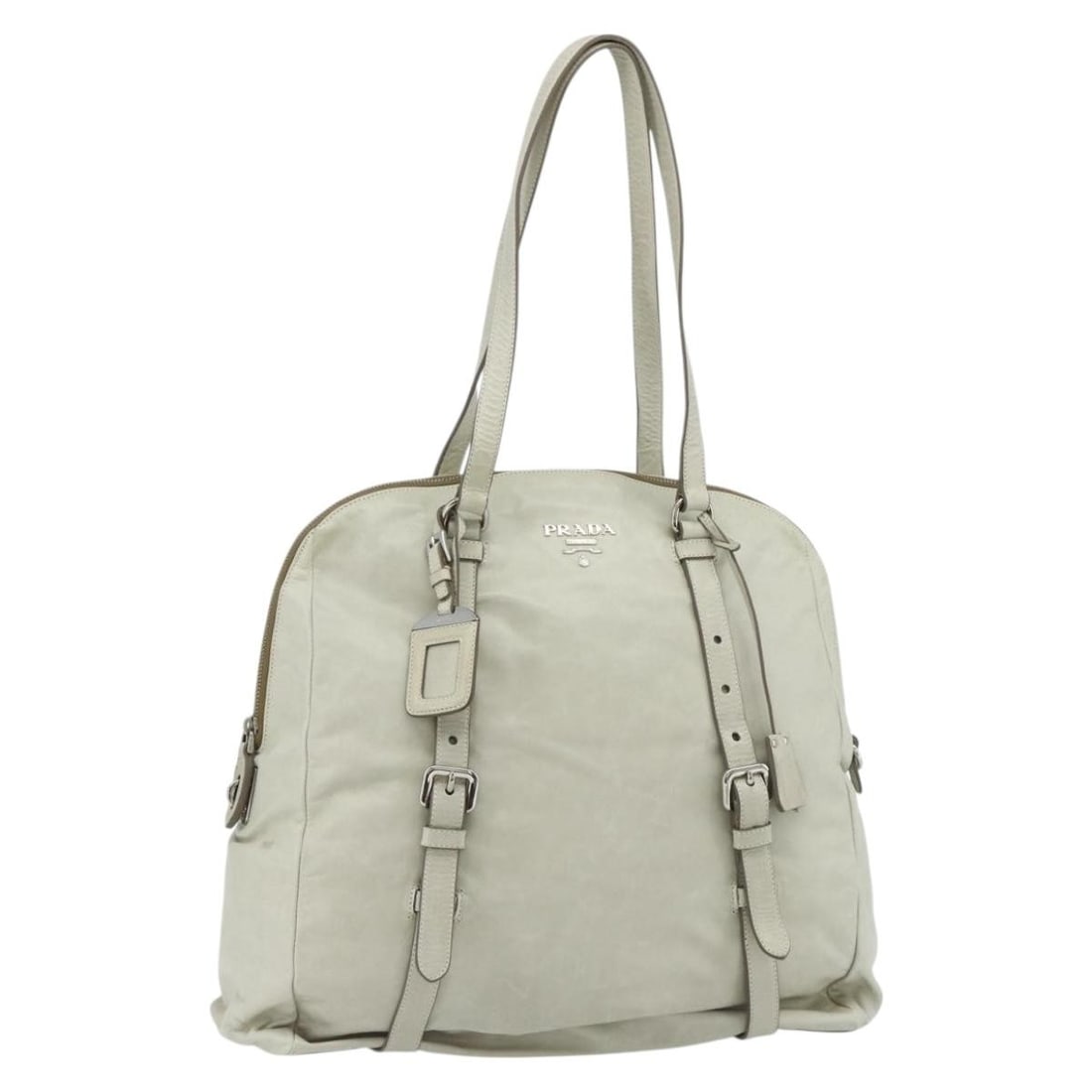 PRADA Ivory Leather Tote with Padlock Key Clochette Name Tag: PRADA Ivory Leather Tote with Padlock Key Clochette Name Tag Ivory and silver leather tote bag made in Italy. The bag comes with a padlock, two keys, a clochette, a name tag, and a guarantee card. It 
