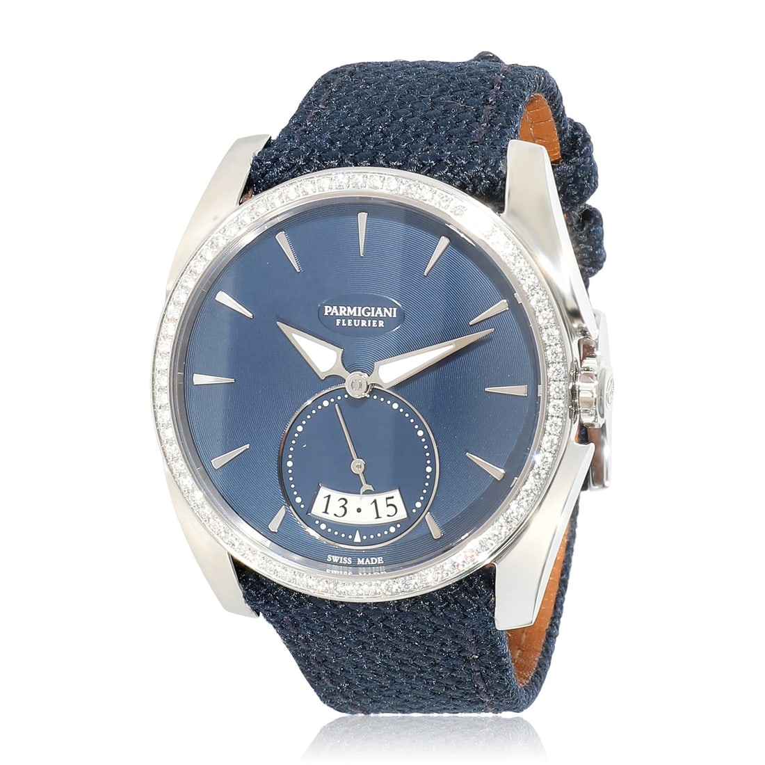 Parmigiani Tonda Metropoltaine women's automatic watch stainless steel: Parmigiani Tonda Metropoltaine women's automatic watch stainless steel This Parmigiani Tonda Metropoltaine women's wristwatch features a stainless steel case with a diamond-set bezel and a blue dial. 