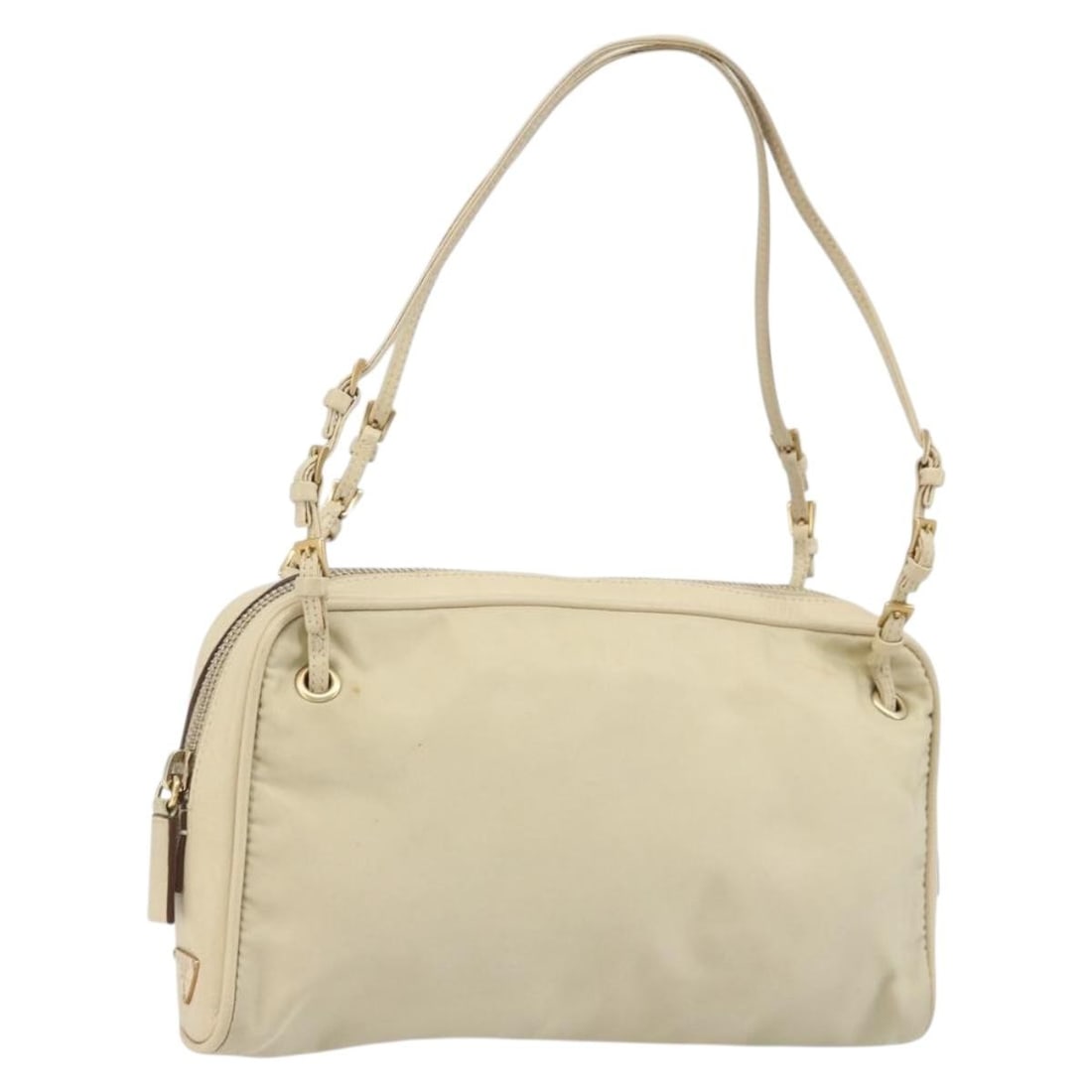PRADA Beige Gold Nylon Hand Bag with Guarantee Card: PRADA Beige Gold Nylon Hand Bag with Guarantee Card Prada hand bag in beige and gold nylon, made in Italy. It comes with a guarantee card and is described as a heavily used item with rank C condition.